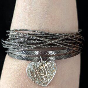 Mom Heart Charm Layered Stackable Bangle Bracelet Set Boho Mother's Day Gift 8"